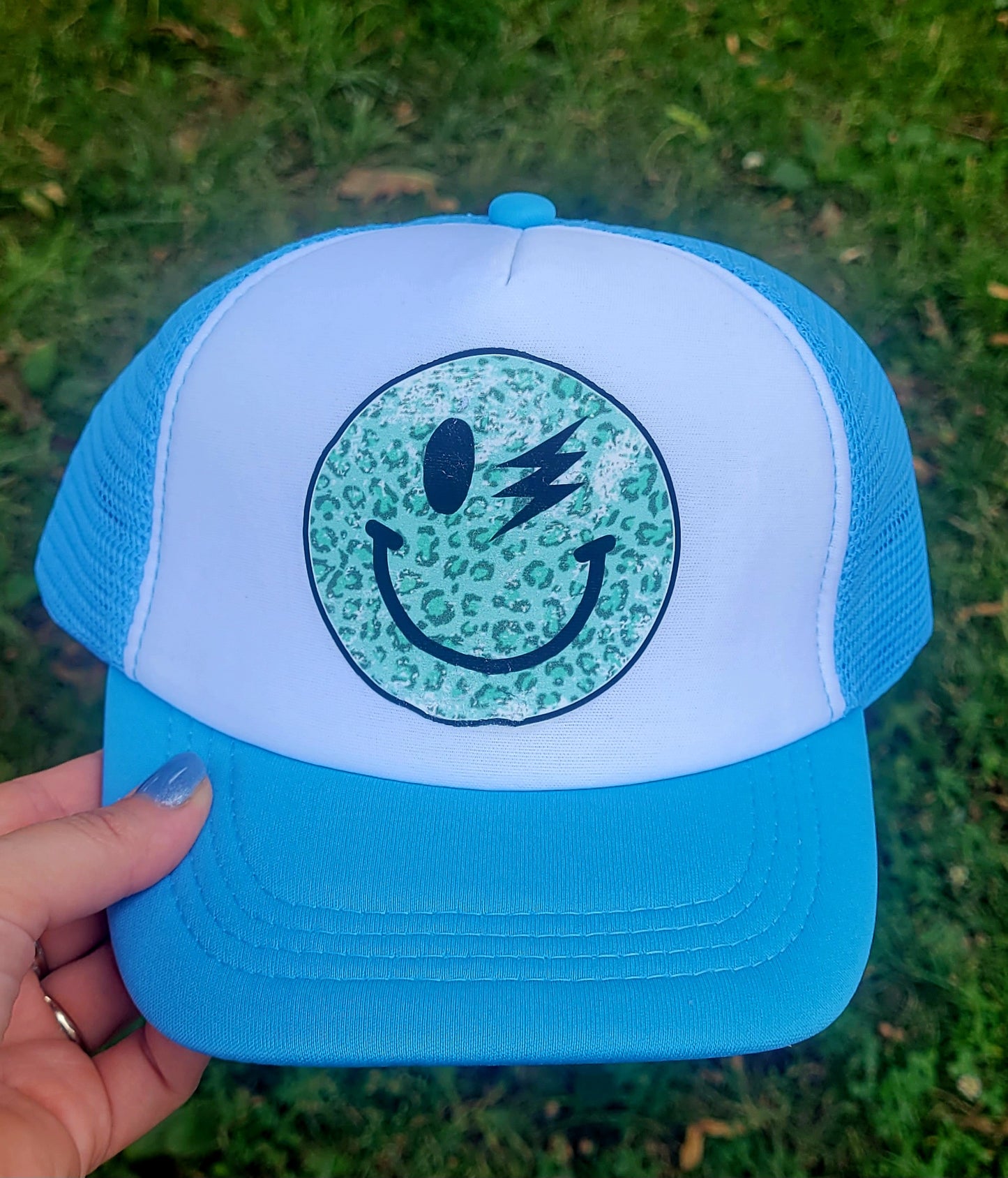 Blue Leopard Happy Face Foam Trucker Hat Youth