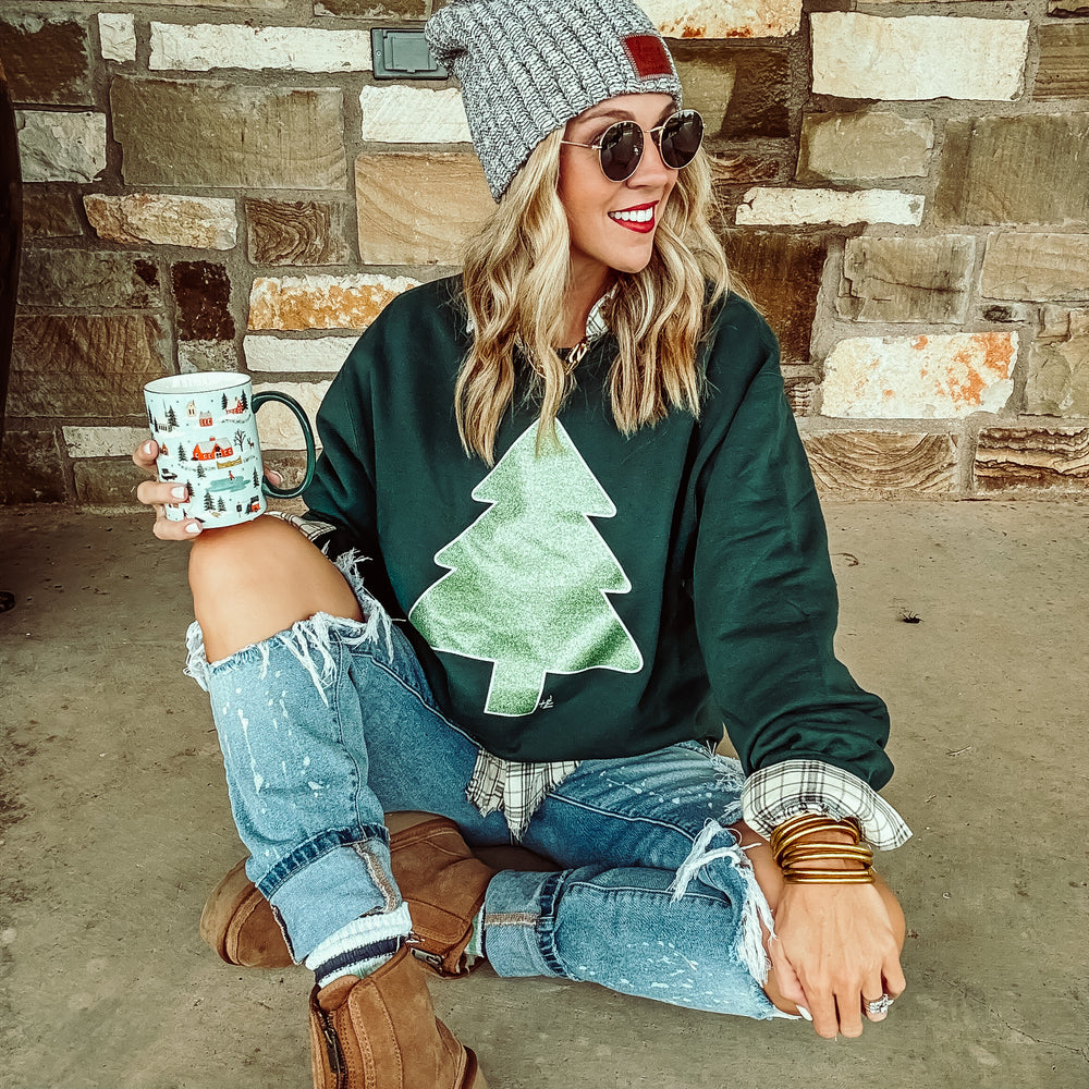 Mint Glitter Tree Crewneck